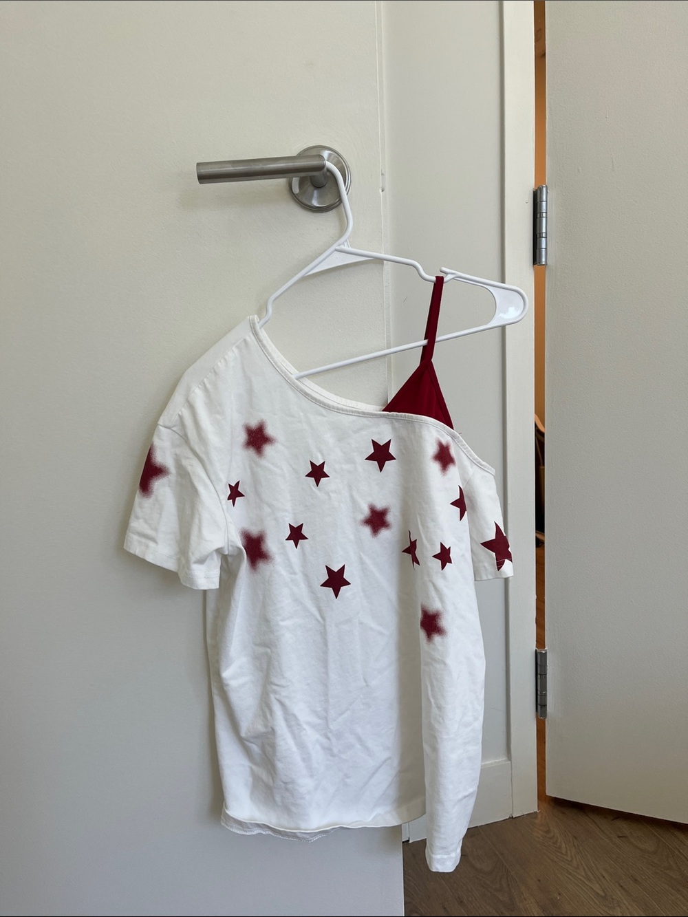 Girls White One-Shoulder Top with Red Star Print